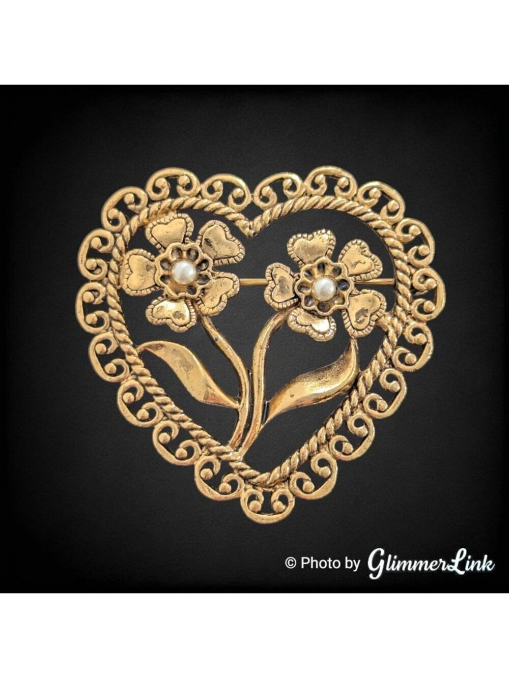 Vintage 90s Avon Antiqued Heart Gold Tone Filigree with Faux Pearls Brooch